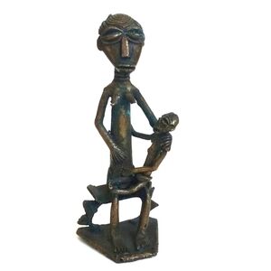 Antique Mother and Child Brass Bronzed Sculpture from Africa 5" (Very Old)